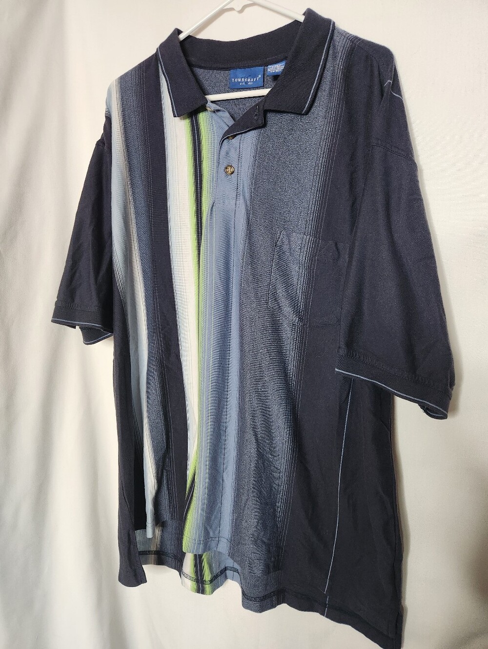 Towncraft Navy Polo with Blue, White & Green Vertical Stripes